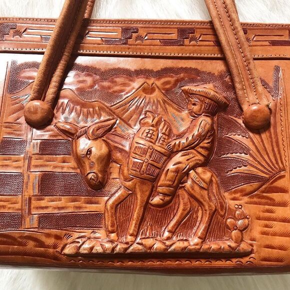 TOOLED BROWN LEATHER 1950’s 50s Mexican Cacti & Donkey Vintage Purse Handbag Bag - Picture 8 of 8